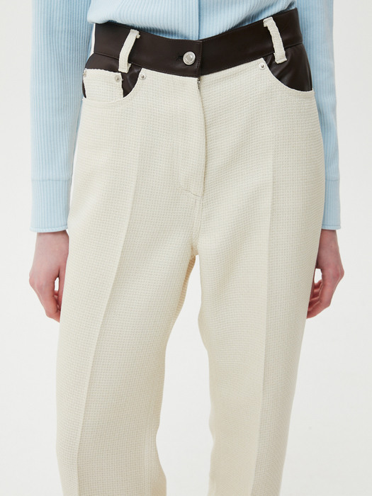 Tweed-like Leather Trim Pants / Cream
