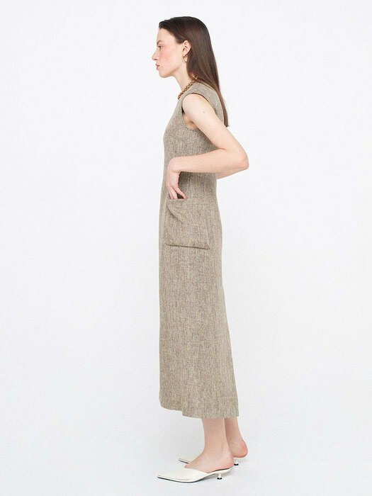 V-neck Sleeveless Dress_Melange Brown