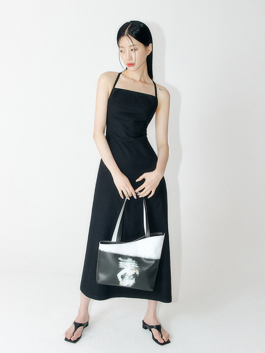 LINEN BACKLESS SQUARE SLIP DRESS - BLACK