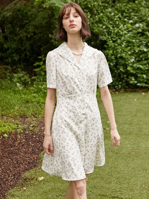 Floral Collar Shirring Dress - Ivory