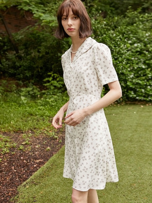 Floral Collar Shirring Dress - Ivory