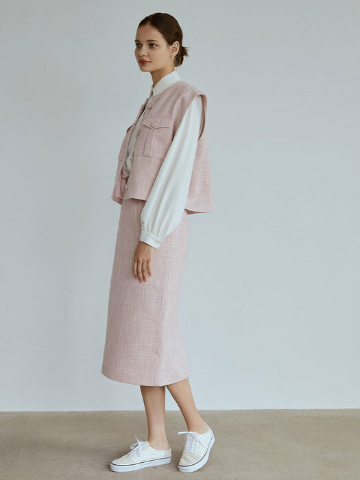 Slit tweed skirt (pink) 