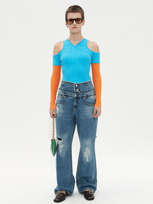 (WOMEN) ABBEY CROSS CUT-OUT KNIT TOP atb647w(BLUE/ORANGE)