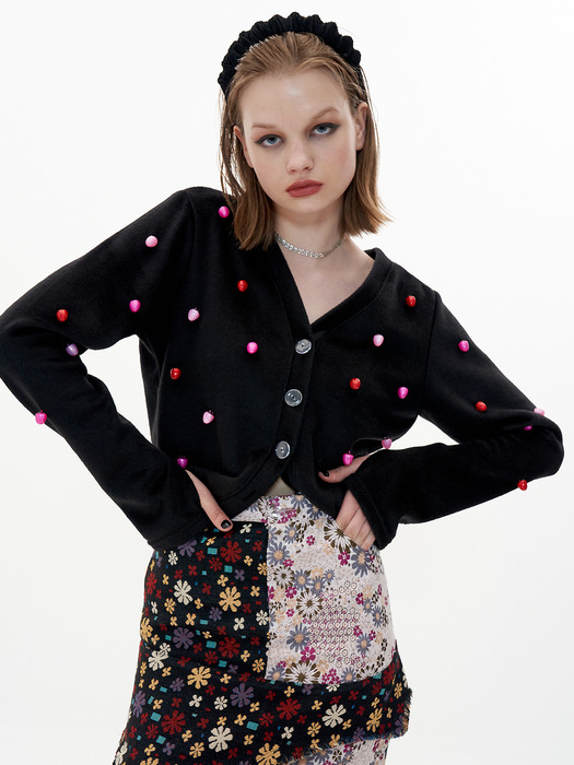 Finger Hole Strawberry Cardigan [Black]