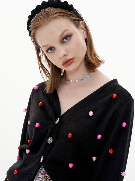 Finger Hole Strawberry Cardigan [Black]