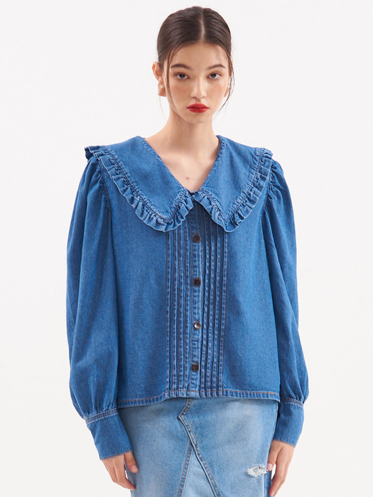 UP-140 Shirring collor denim blouse_blue