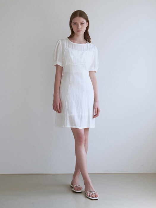 Layered half-sleeved mini dress - ivory