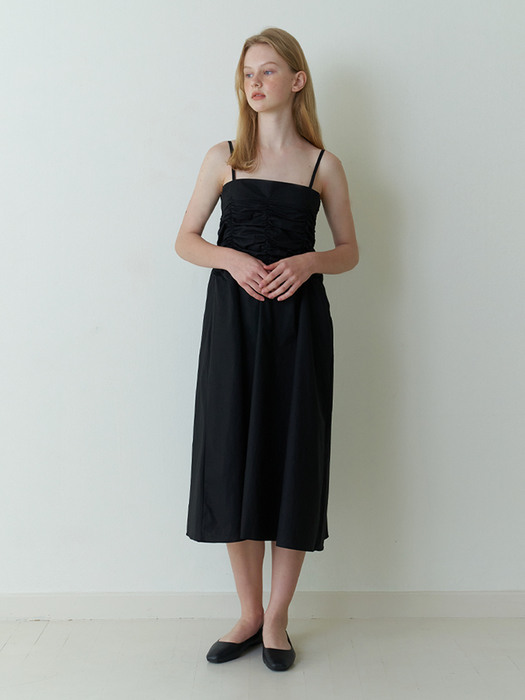 romantic shirring Sleeveless Dress - black