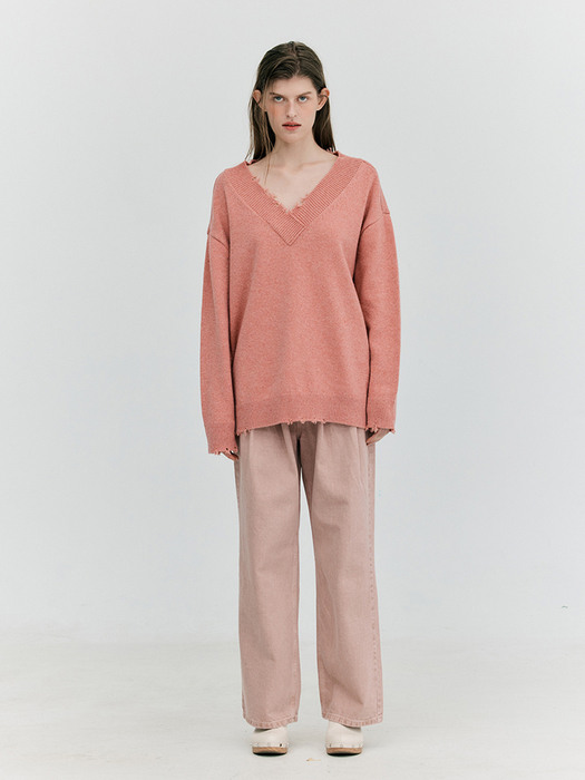 Damaged V-Neck Knit_Pink