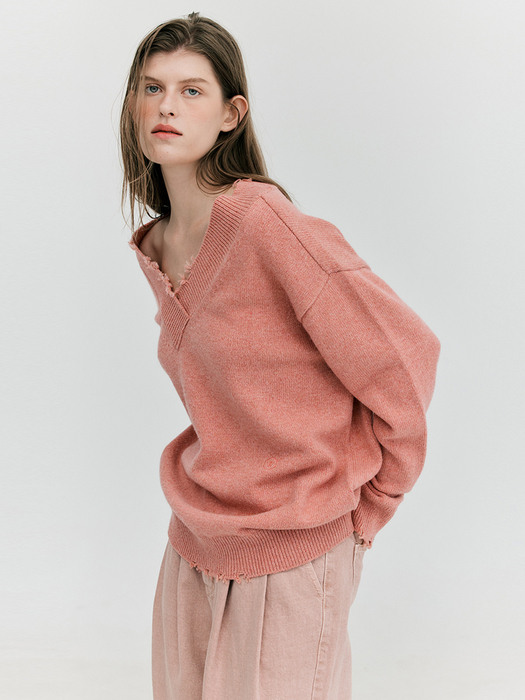 Damaged V-Neck Knit_Pink