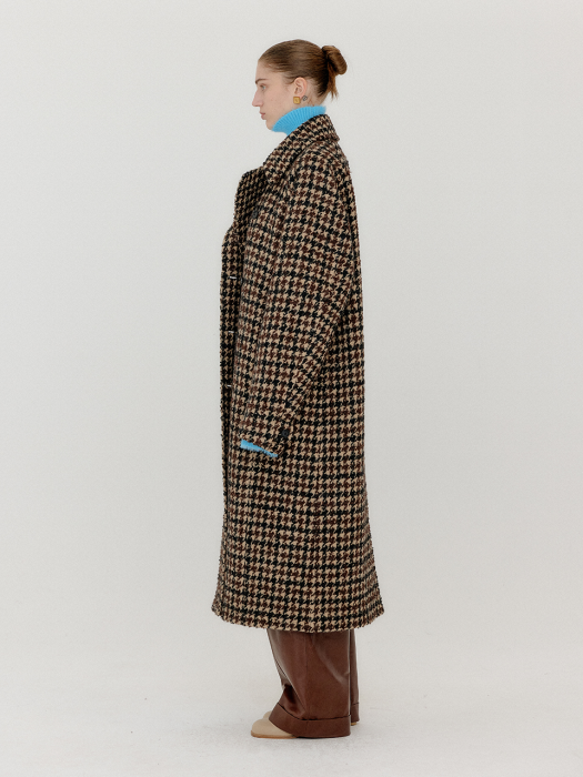 VROOKLYN Double-Breasted Long Coat - Brown Check