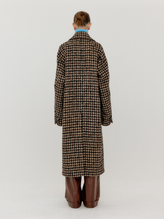 VROOKLYN Double-Breasted Long Coat - Brown Check
