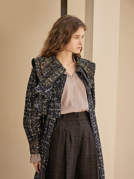 Double Wide Collared Loose Fit Jacquard Trench Coat