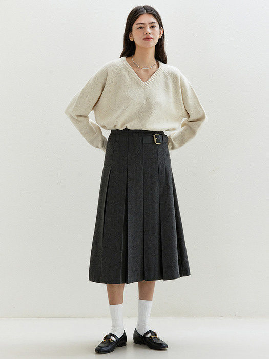 B Buckle Wool Pleats Skirt_Charcoal