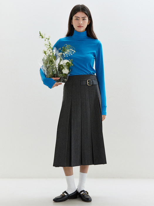B Buckle Wool Pleats Skirt_Charcoal