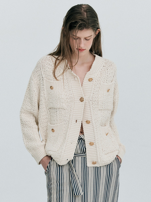 Gold Button Knit Cardigan_Cream