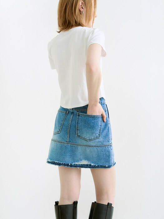 Tear vintage damage denim mini skirt - blue