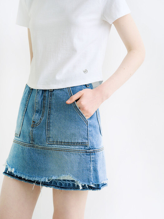 Tear vintage damage denim mini skirt - blue