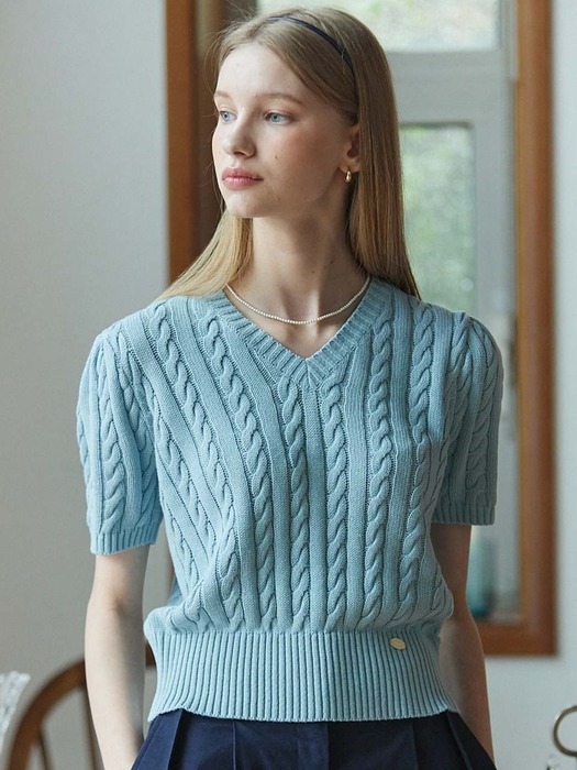 Linen V-neck Cable knit - Sky Blue