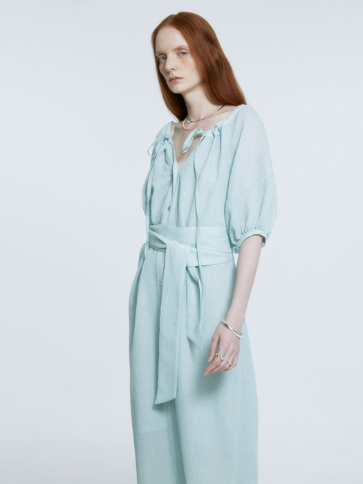 [Fabric From JAPAN] ESTHER Volume Neck String Point Reversible Pleated Dress_Mint