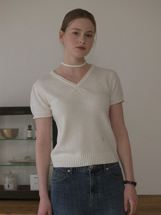 V NECK HALF SLEEVE PUFF KNIT [IVORY]