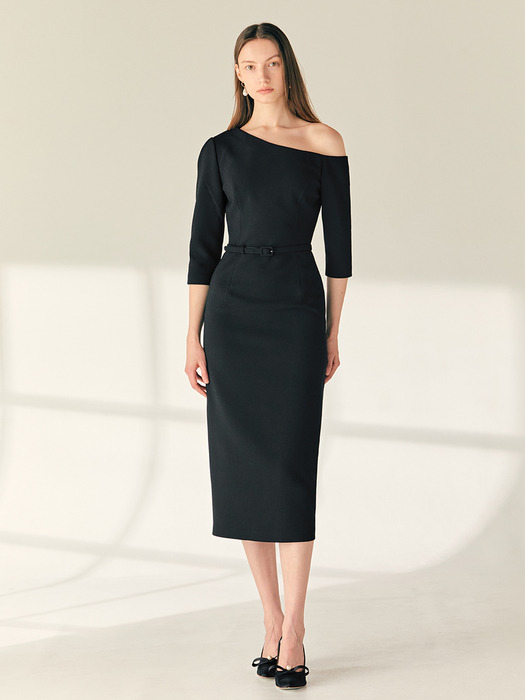 MARIAH One shoulder H-line long dress (Black)