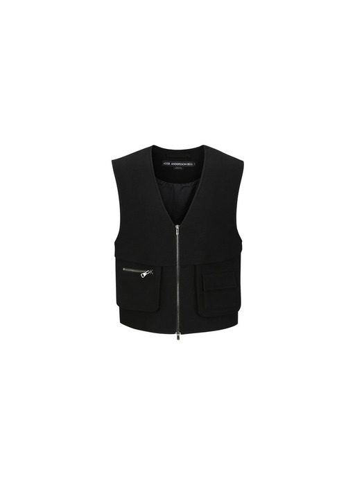 WOOL V-NECK ZIP-UP VEST atb1047m(BLACK)