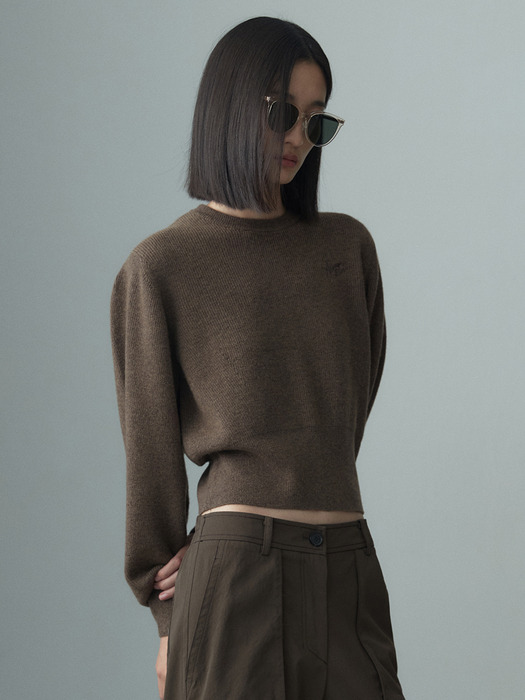 CASHMERE PUFFED SLEEVE KNIT TOP BROWN