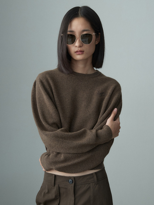CASHMERE PUFFED SLEEVE KNIT TOP BROWN