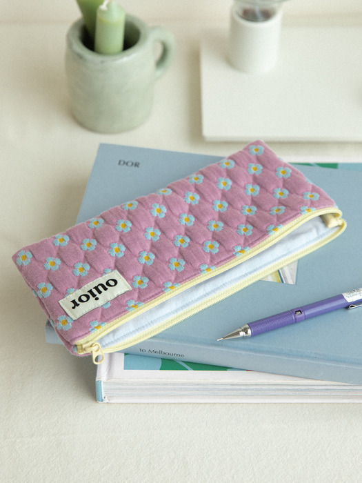 ouior flat pencil case - dot flower purple (topside zipper)