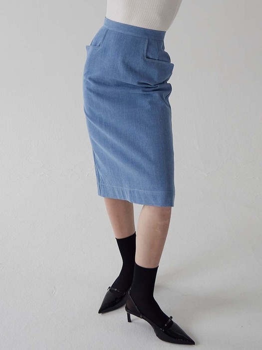 Kai Slit Bleached Denim Pencil Skirt (Denim)