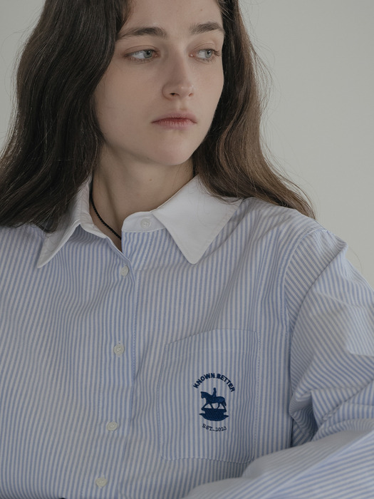 Horse embroidery stripe cotton shirt_Blue
