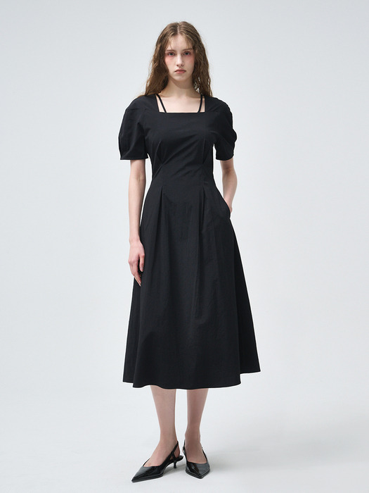 Square Strap Pintuck Dress, Black