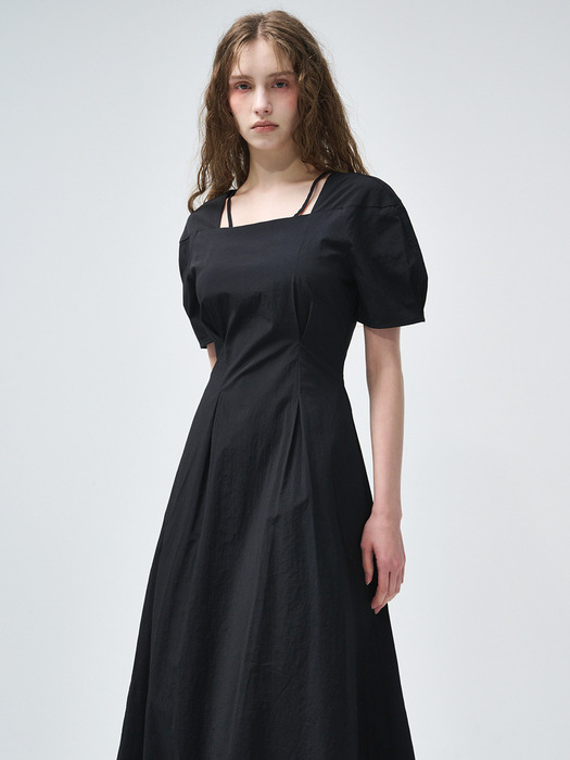 Square Strap Pintuck Dress, Black