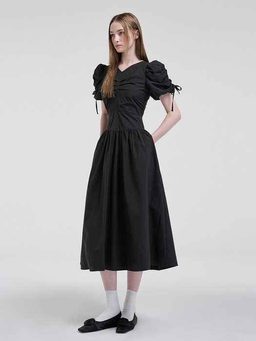 Front Tuck Shirring Dress, Black