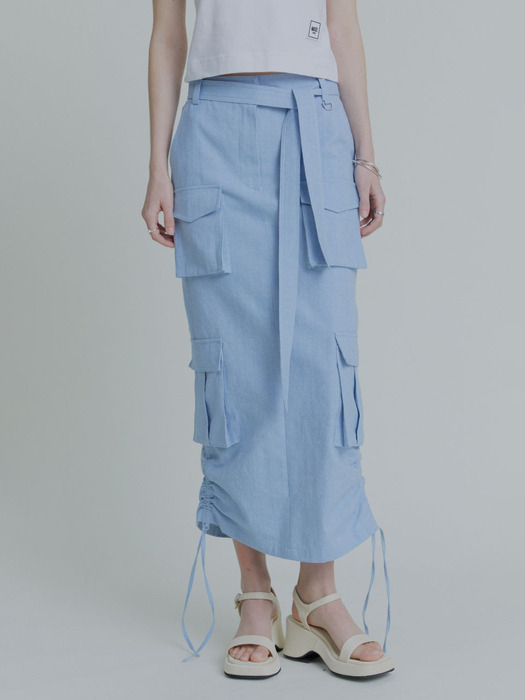 SENTIER Side String Belted Denim Cargo Long Skirt_Blue Denim