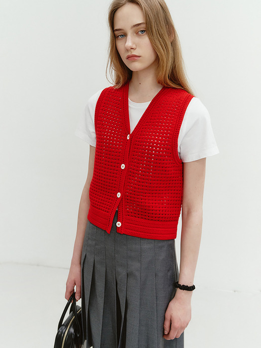 UNISEX CROCHET OPEN KNIT VEST RED_UDSW4B130R2