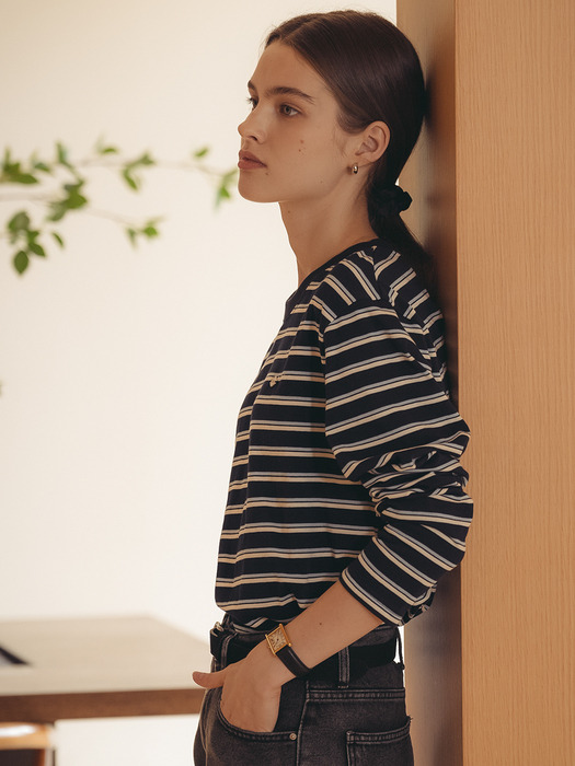 Bonheur stripe cotton t-shirt_Navy&Sky blue