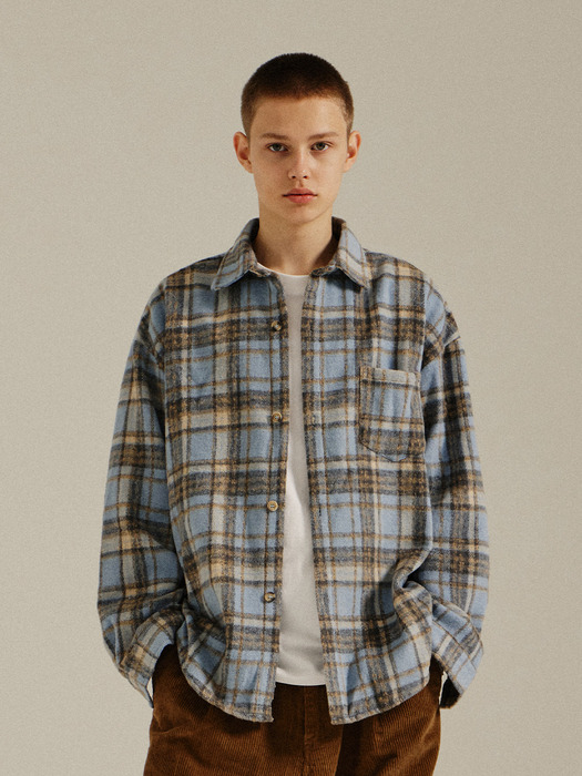 Wool Brushed Check Shirt Blue