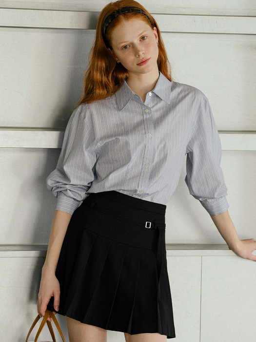 Feminine volume sleeve cotton shirt_Blue