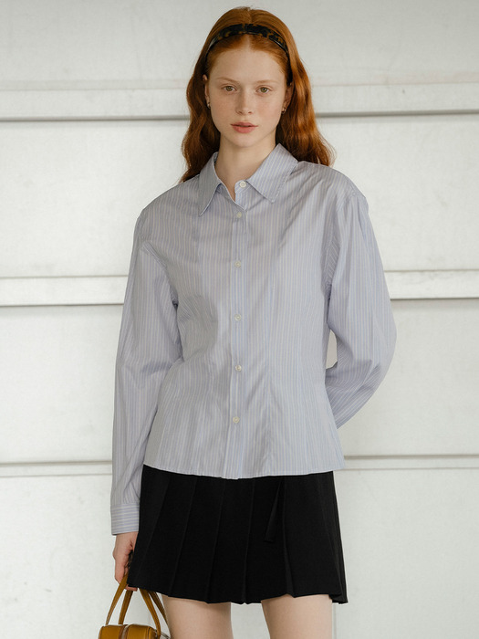 Feminine volume sleeve cotton shirt_Blue