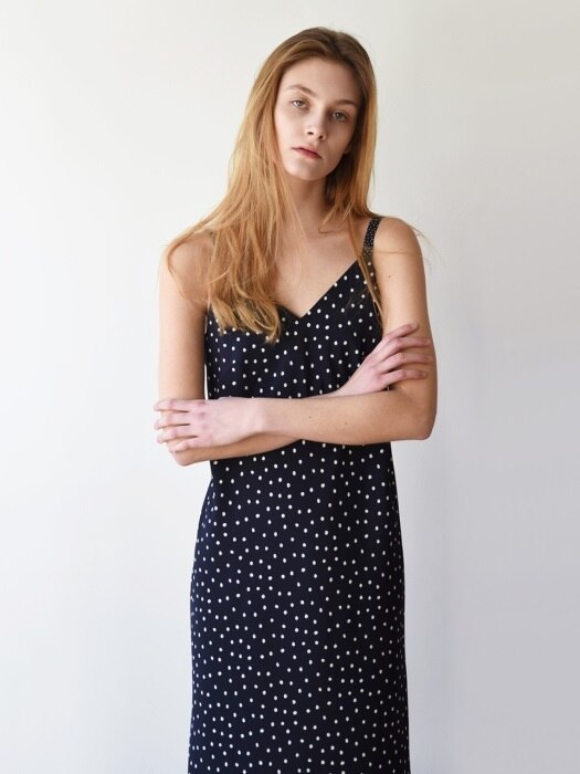 Midi Slip Dress _ Navy dots