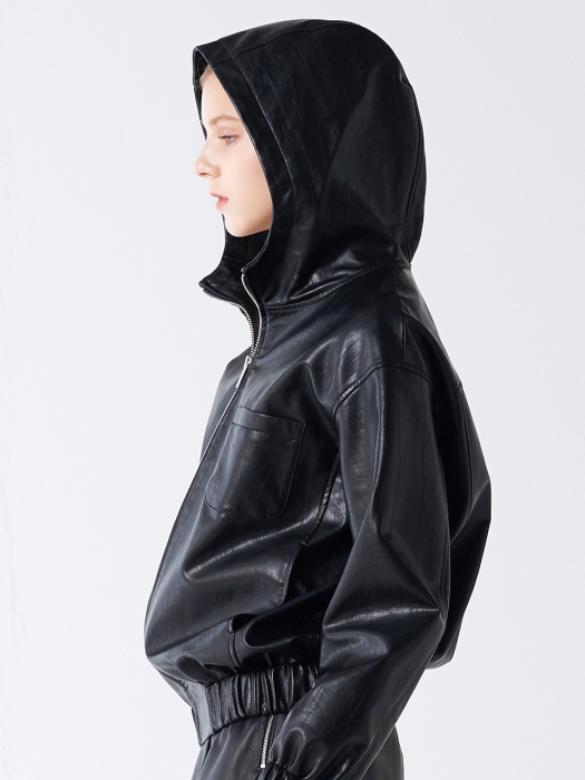 FAKE LEATHER BANDING HOOD JUMPER BLACK