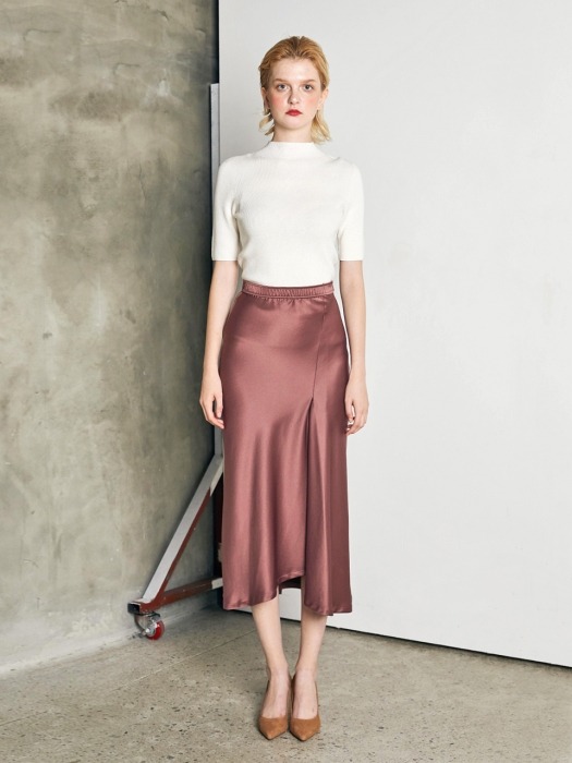 UNBALANCED SLIT SATIN SKIRT_ROSE BROWN