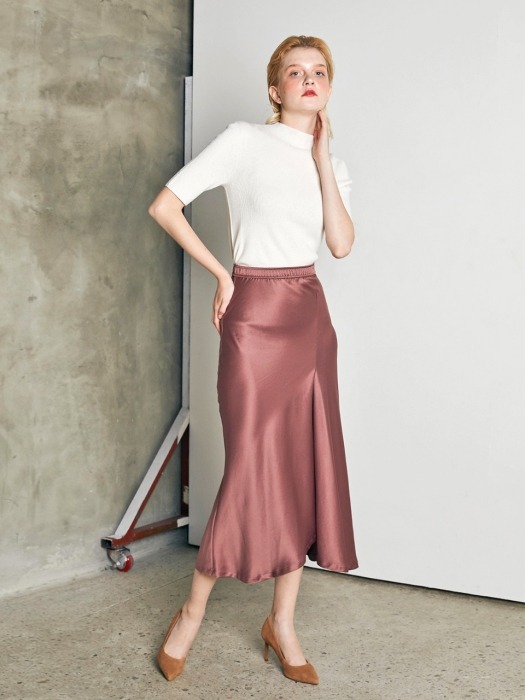 UNBALANCED SLIT SATIN SKIRT_ROSE BROWN