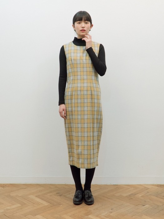 Wool Check H Line Maxi Dress : Yellow 