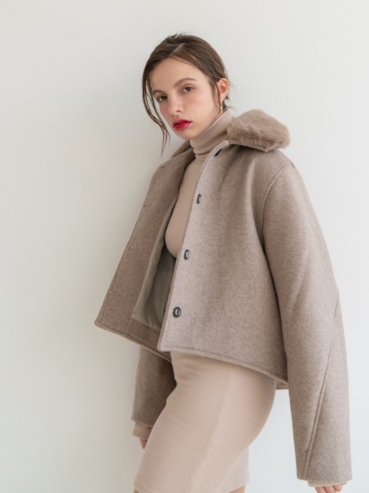 Fur Collar Wool Short Coat Oatmeal