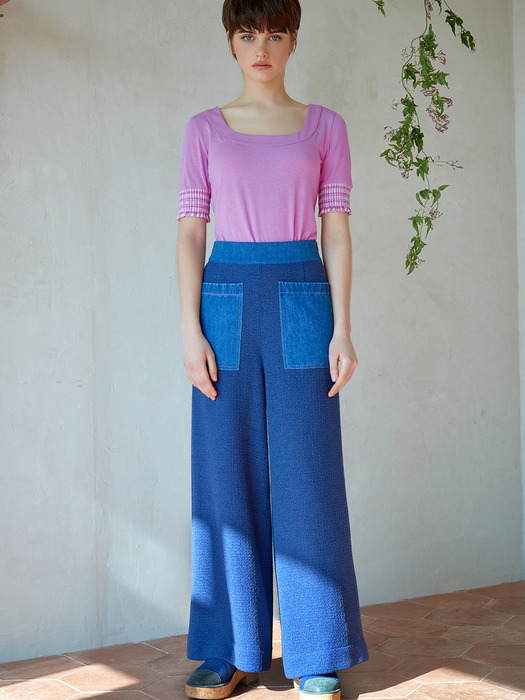 smocked tweed wide-leg pants