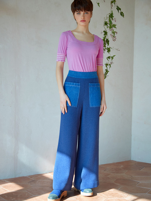 smocked tweed wide-leg pants