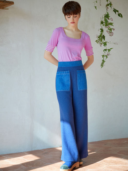 smocked tweed wide-leg pants